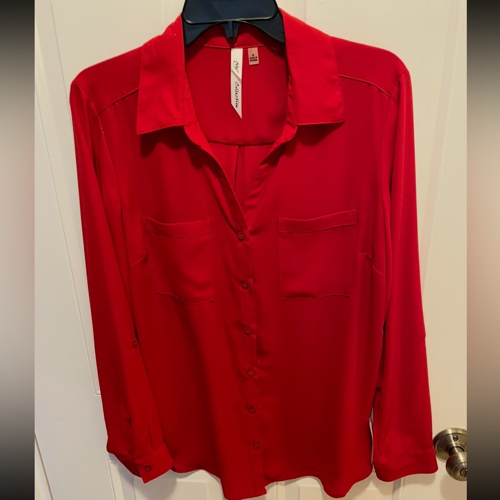 NWT NY collection Red Button-Up Blouse
